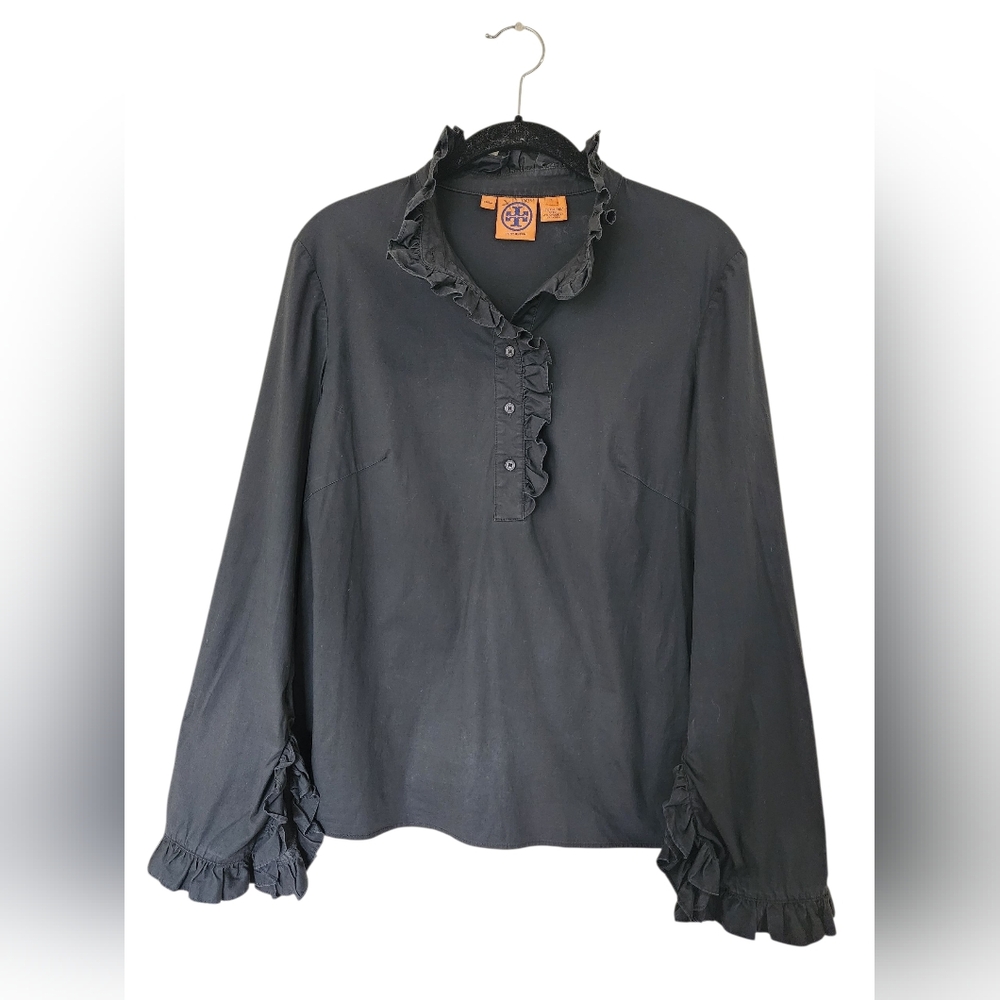TORY BURCH black ruffle, button up blouse, size 6